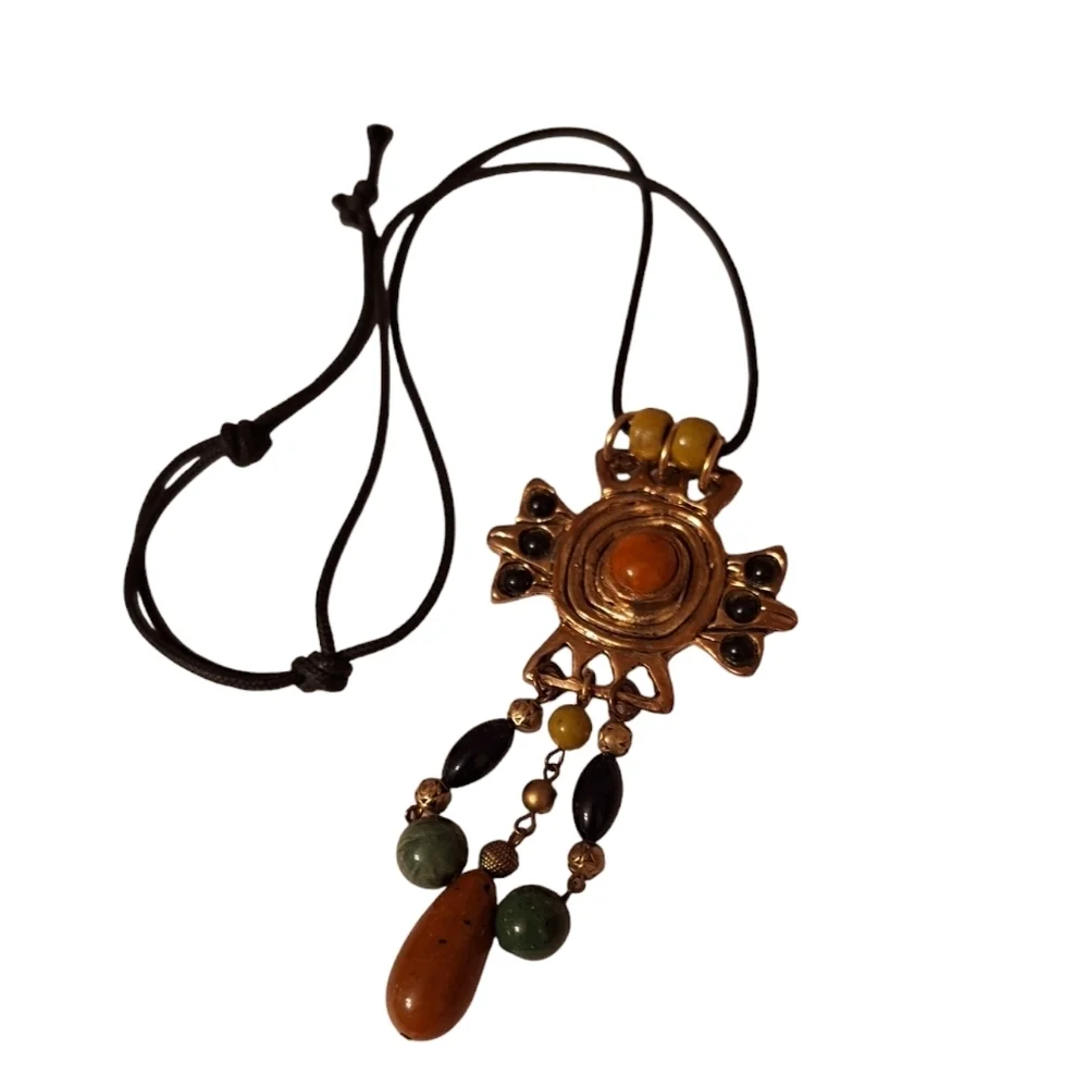 Beaded Amulet Pendant Dangle Tassel Necklace Black Corded Bohemian Must Have